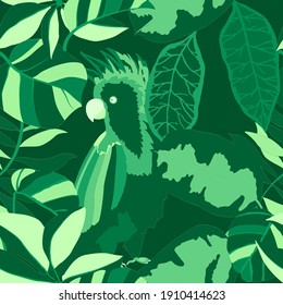 Creative seamless pattern with tropical birds, parrots, leaves and flowers. Trendy texture with hand drawn exotic plants. Swimwear botanical design. Jungle exotic summer print.	
