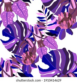 Creative seamless pattern with tropical birds, parrots, leaves and flowers. Trendy texture with hand drawn exotic plants. Swimwear botanical design. Jungle exotic summer print.	