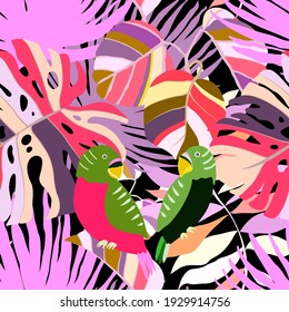 Creative seamless pattern with tropical birds, parrots, leaves and flowers. Trendy texture with hand drawn exotic plants. Swimwear botanical design. Jungle exotic summer print.	