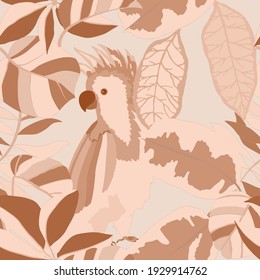 Creative seamless pattern with tropical birds, parrots, leaves and flowers. Trendy texture with hand drawn exotic plants. Swimwear botanical design. Jungle exotic summer print.	