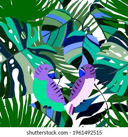 Creative seamless pattern with tropical birds, parrots, leaves and flowers. Trendy texture with hand drawn exotic plants. Swimwear botanical design. Jungle exotic summer print.	