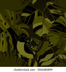 Creative seamless pattern with tropical birds, parrots, leaves and flowers. Trendy texture with hand drawn exotic plants. Swimwear botanical design. Jungle exotic summer print.	