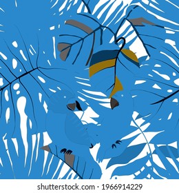 Creative seamless pattern with tropical birds, parrots, leaves and flowers. Trendy texture with hand drawn exotic plants. Swimwear botanical design. Jungle exotic summer print.	
