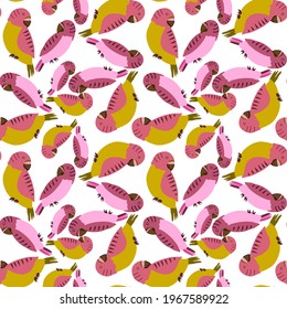 Creative seamless pattern with tropical birds, parrots, leaves and flowers. Trendy texture with hand drawn exotic plants. Swimwear botanical design. Jungle exotic summer print.	