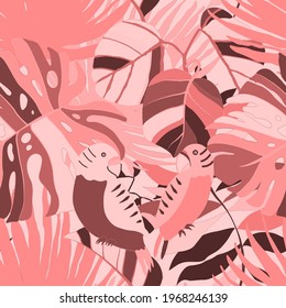 Creative seamless pattern with tropical birds, parrots, leaves and flowers. Trendy texture with hand drawn exotic plants. Swimwear botanical design. Jungle exotic summer print.
