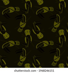 Creative seamless pattern with tropical birds, parrots, leaves and flowers. Trendy texture with hand drawn exotic plants. Swimwear botanical design. Jungle exotic summer print.