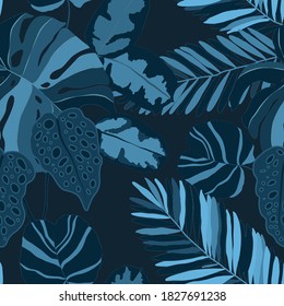 Creative seamless pattern with tropical leaves. Trendy texture with hand drawn exotic plants. Swimwear botanical design. Jungle exotic summer print.