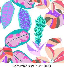 Creative seamless pattern with tropical leaves. Trendy pattern with hand drawn exotic plants. Swimwear botanical design. Jungle exotic summer print.