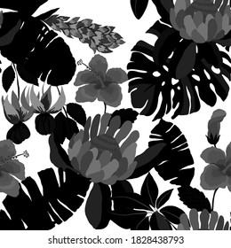 Creative seamless pattern with tropical leaves. Trendy pattern with hand drawn exotic plants. Swimwear botanical design. Jungle exotic summer print.