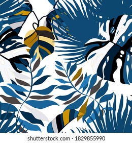 Creative seamless pattern with tropical leaves. Trendy pattern with hand drawn exotic plants. Swimwear botanical design. Jungle exotic summer print.