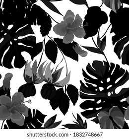Patrón creativo sin fisuras con hojas tropicales. Patrón de moda con plantas exóticas dibujadas a mano. Diseño botánico de bañador. Impresión veraniega exótica de la jungla.