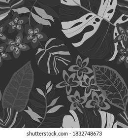 Kreatives, nahtloses Muster mit tropischen Blättern. Trendmuster mit handgezeichneten exotischen Pflanzen. Swimwear botanisches Design. Dschungle exotische Sommerkurse.