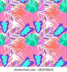 Creative seamless pattern with tropical leaves. Trendy pattern with hand drawn exotic plants. Swimwear botanical design. Jungle exotic summer print.