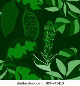 Creative seamless pattern with tropical leaves. Trendy pattern with hand drawn exotic plants. Swimwear botanical design. Jungle exotic summer print.