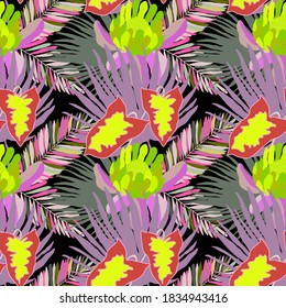 Creative seamless pattern with tropical leaves. Trendy pattern with hand drawn exotic plants. Swimwear botanical design. Jungle exotic summer print.