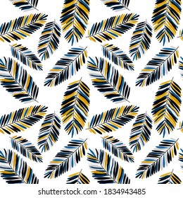 Kreatives, nahtloses Muster mit tropischen Blättern. Trendmuster mit handgezeichneten exotischen Pflanzen. Swimwear botanisches Design. Dschungle exotische Sommerkurse.