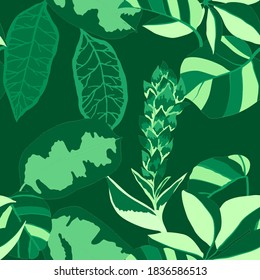 Kreatives, nahtloses Muster mit tropischen Blättern. Trendmuster mit handgezeichneten exotischen Pflanzen. Swimwear botanisches Design. Dschungle exotische Sommerkurse.