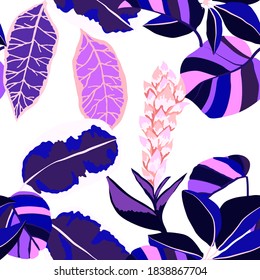Creative seamless pattern with tropical leaves. Trendy pattern with hand drawn exotic plants. Swimwear botanical design. Jungle exotic summer print.	
