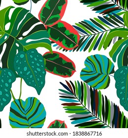Creative seamless pattern with tropical leaves. Trendy pattern with hand drawn exotic plants. Swimwear botanical design. Jungle exotic summer print.	