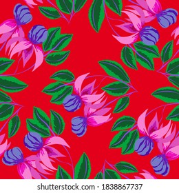 Kreatives, nahtloses Muster mit tropischen Blättern. Trendmuster mit handgezeichneten exotischen Pflanzen. Swimwear botanisches Design. Dschungle exotische Sommerkurse.	
