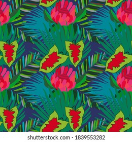 Kreatives, nahtloses Muster mit tropischen Blättern. Trendmuster mit handgezeichneten exotischen Pflanzen. Swimwear botanisches Design. Dschungle exotische Sommerkurse.	