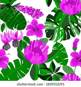 Patrón creativo sin fisuras con hojas tropicales. Patrón de moda con plantas exóticas dibujadas a mano. Diseño botánico de bañador. Impresión veraniega exótica de la jungla.	