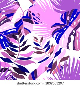 Kreatives, nahtloses Muster mit tropischen Blättern. Trendmuster mit handgezeichneten exotischen Pflanzen. Swimwear botanisches Design. Dschungle exotische Sommerkurse.	