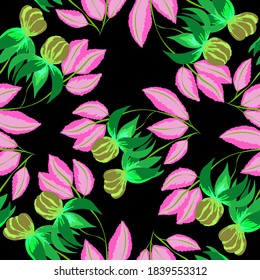 Creative seamless pattern with tropical leaves. Trendy pattern with hand drawn exotic plants. Swimwear botanical design. Jungle exotic summer print.	