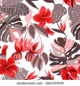 Patrón creativo sin fisuras con hojas tropicales. Patrón de moda con plantas exóticas dibujadas a mano. Diseño botánico de bañador. Impresión veraniega exótica de la jungla.	