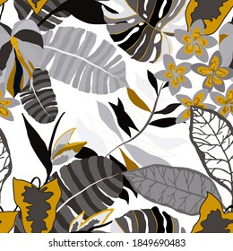 Creative seamless pattern with tropical leaves. Trendy pattern with hand drawn exotic plants. Swimwear botanical design. Jungle exotic summer print.	