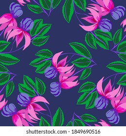 Creative seamless pattern with tropical leaves. Trendy pattern with hand drawn exotic plants. Swimwear botanical design. Jungle exotic summer print.	
