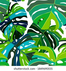 Kreatives, nahtloses Muster mit tropischen Blättern. Trendmuster mit handgezeichneten exotischen Pflanzen. Swimwear botanisches Design. Dschungle exotische Sommerkurse.	