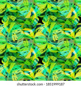 Patrón creativo sin fisuras con hojas tropicales. Patrón de moda con plantas exóticas dibujadas a mano. Diseño botánico de bañador. Impresión veraniega exótica de la jungla.	