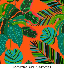 Creative seamless pattern with tropical leaves. Trendy pattern with hand drawn exotic plants. Swimwear botanical design. Jungle exotic summer print.	