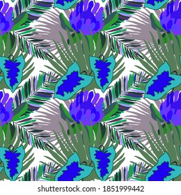 Creative seamless pattern with tropical leaves. Trendy pattern with hand drawn exotic plants. Swimwear botanical design. Jungle exotic summer print.	