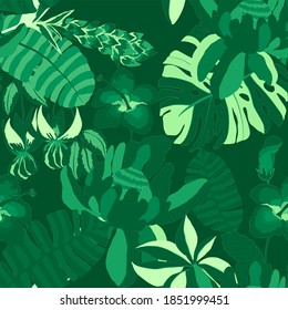 Creative seamless pattern with tropical leaves. Trendy pattern with hand drawn exotic plants. Swimwear botanical design. Jungle exotic summer print.	