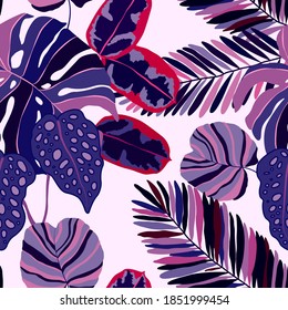 Creative seamless pattern with tropical leaves. Trendy pattern with hand drawn exotic plants. Swimwear botanical design. Jungle exotic summer print.	