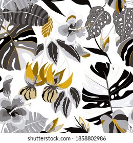 Creative seamless pattern with tropical leaves. Trendy pattern with hand drawn exotic plants. Swimwear botanical design. Jungle exotic summer print.	