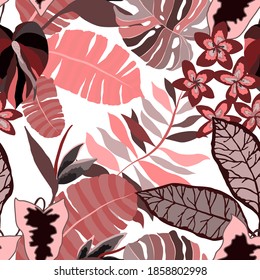 Creative seamless pattern with tropical leaves. Trendy pattern with hand drawn exotic plants. Swimwear botanical design. Jungle exotic summer print.	