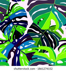 Creative seamless pattern with tropical leaves. Trendy pattern with hand drawn exotic plants. Swimwear botanical design. Jungle exotic summer print.	