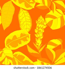 Patrón creativo sin fisuras con hojas tropicales. Patrón de moda con plantas exóticas dibujadas a mano. Diseño botánico de bañador. Impresión veraniega exótica de la jungla.	