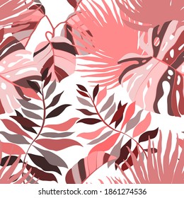 Creative seamless pattern with tropical leaves. Trendy pattern with hand drawn exotic plants. Swimwear botanical design. Jungle exotic summer print.	