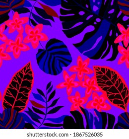 Patrón creativo sin fisuras con hojas tropicales. Patrón de moda con plantas exóticas dibujadas a mano. Diseño botánico de bañador. Impresión veraniega exótica de la jungla.	