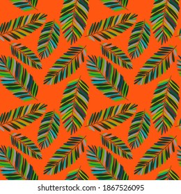 Creative seamless pattern with tropical leaves. Trendy pattern with hand drawn exotic plants. Swimwear botanical design. Jungle exotic summer print.	