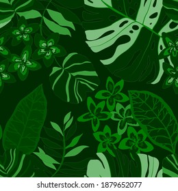 Creative seamless pattern with tropical leaves. Trendy pattern with hand drawn exotic plants. Swimwear botanical design. Jungle exotic summer print.	