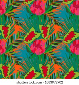 Creative seamless pattern with tropical leaves. Trendy pattern with hand drawn exotic plants. Swimwear botanical design. Jungle exotic summer print.	