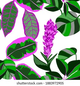 Creative seamless pattern with tropical leaves. Trendy pattern with hand drawn exotic plants. Swimwear botanical design. Jungle exotic summer print.	
