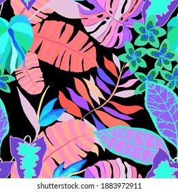 Creative seamless pattern with tropical leaves. Trendy pattern with hand drawn exotic plants. Swimwear botanical design. Jungle exotic summer print.	