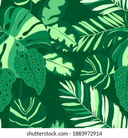 Creative seamless pattern with tropical leaves. Trendy pattern with hand drawn exotic plants. Swimwear botanical design. Jungle exotic summer print.	