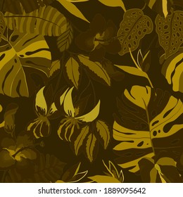 Kreatives, nahtloses Muster mit tropischen Blättern. Trendmuster mit handgezeichneten exotischen Pflanzen. Swimwear botanisches Design. Dschungle exotische Sommerkurse.	